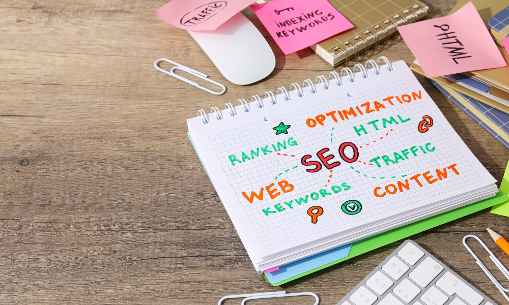 SEO details sketched on a notepad