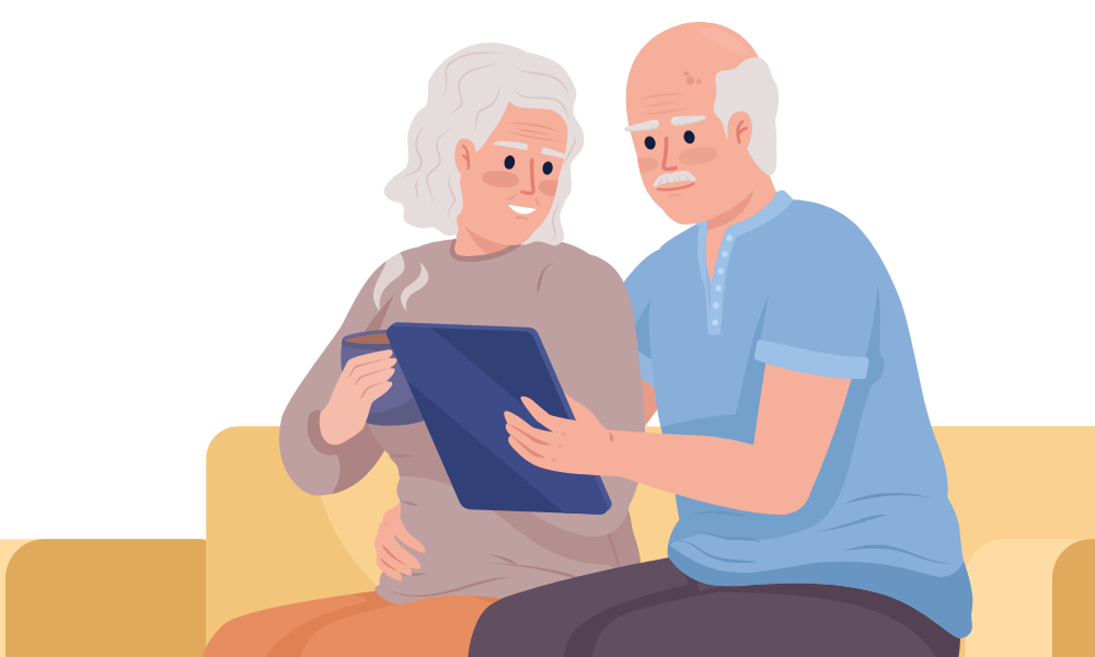 Graphic of senior couple looking at senior care options on a tablet