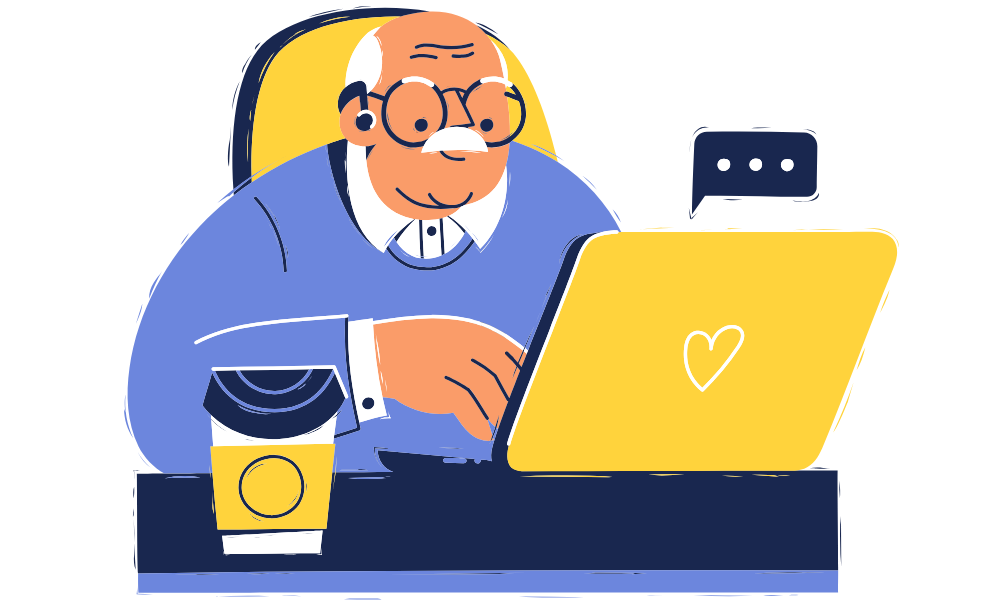 Graphic of senior with a coffee and his laptop